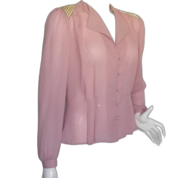 Vintage Blouse, M, Pink, Sequin statement Shoulders, Long sleeve, button front - Picture 2 of 11